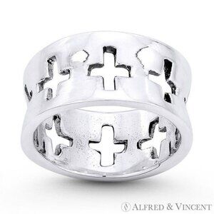 Eternity Latin Cross Cutout Wide Band in Oxidized .925 Sterling Silver - Size 6